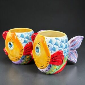 Tabletops Lifestyles Vissen Fish Mugs Set of‎ 2 Hand Painted Ceramic Blue Yellow